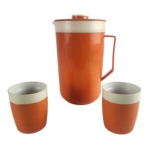 Vintage MCM Sunfrost Therma-o-Ware Orange Pitcher 2-Cups Set USA Made